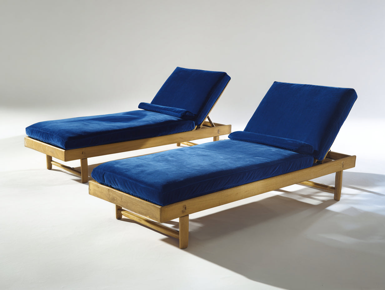 Lettino prendisole - Legno-Tessuto effetto velluto - 210x148x92 cm - Naturale-Blu reale - Design contemporaneo