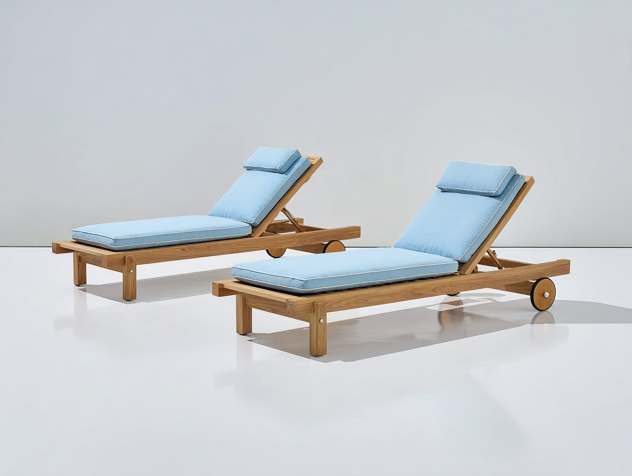 Lettino prendisole - Legno-Tessuto - 202x134x90 cm - Naturale-Azzurro chiaro - Scandinavo