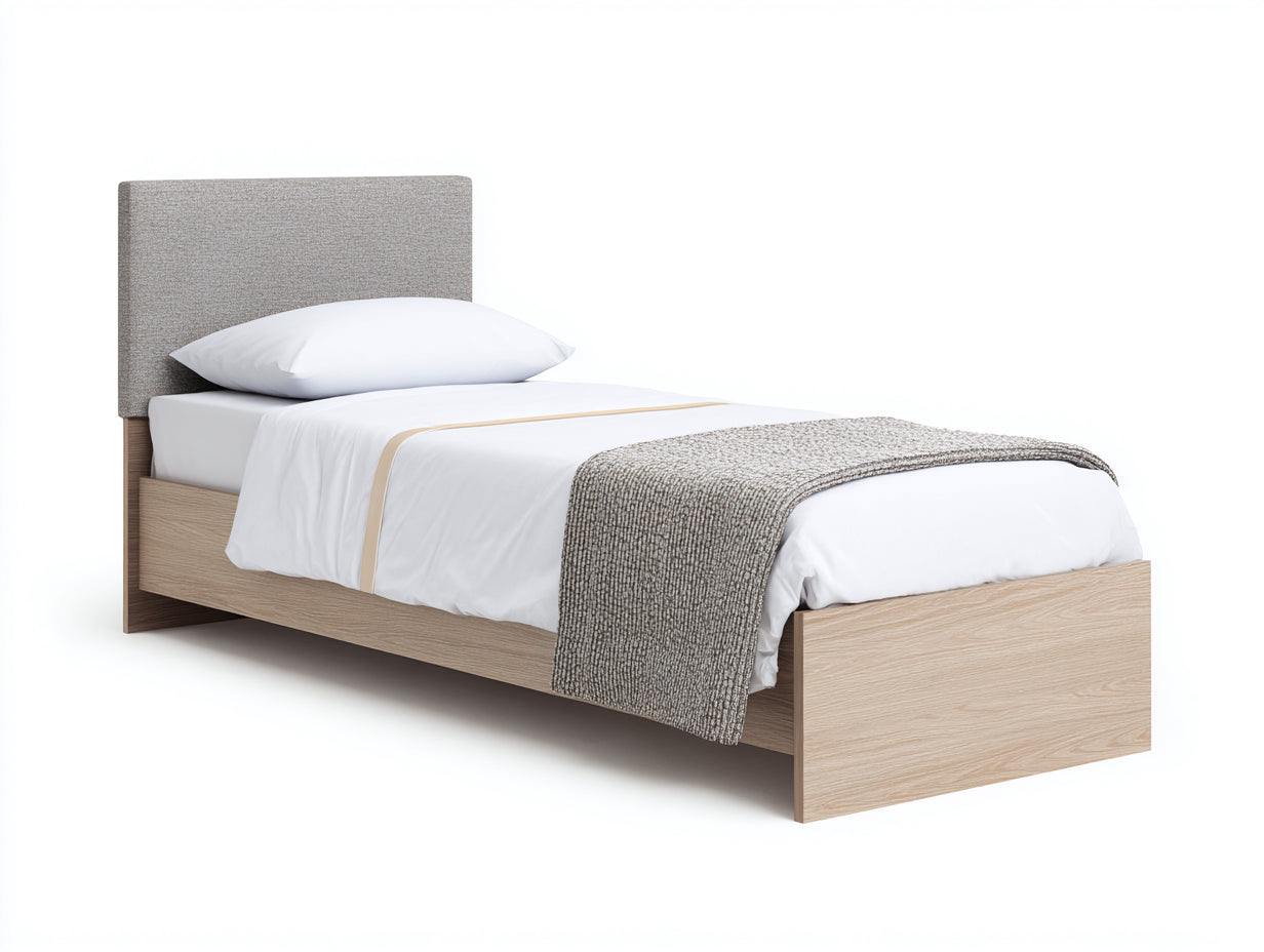 Letto singolo - Legno-Tessuto - 209x101x104 cm - Rovere chiaro-Grigio beige - Stile minimalista