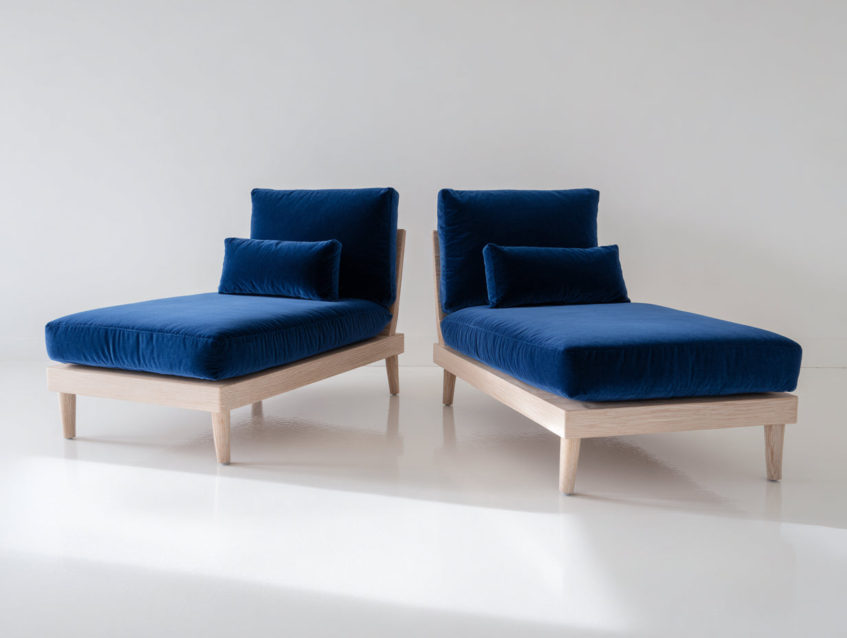 Lettino prendisole - Legno-Tessuto effetto velluto - 198x150x88 cm - Naturale-Blu reale - Design contemporaneo