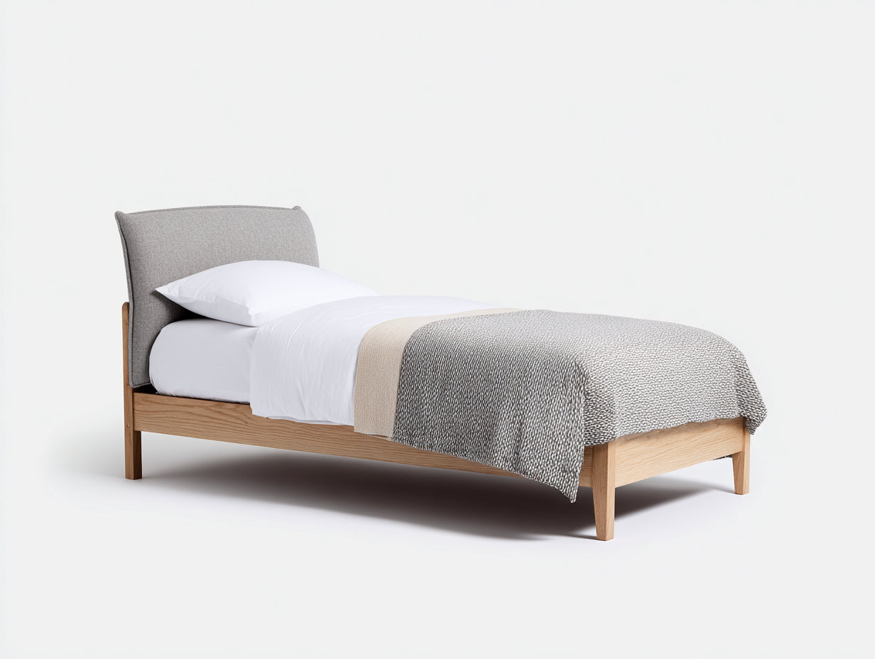 Letto singolo - Legno-Tessuto - 205x97x96 cm - Rovere naturale-Grigio chiaro - Stile contemporaneo