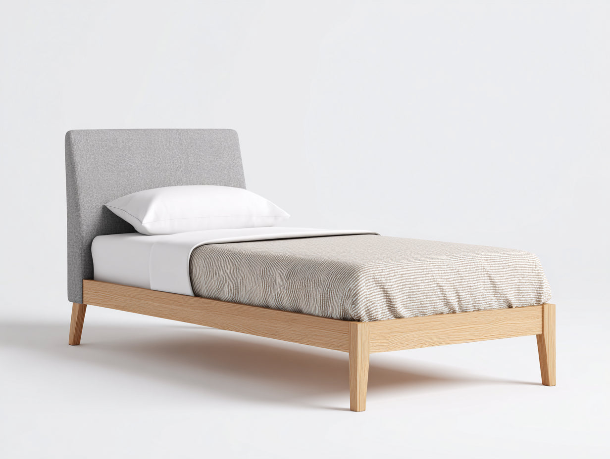 Letto singolo - Legno-Tessuto - 206x99x101 cm - Rovere naturale-Grigio chiaro - Stile nordico