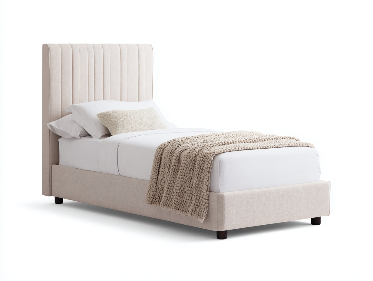 Letto singolo - Tessuto - 214x105x118 cm - Beige chiaro - Moderno con testiera verticale