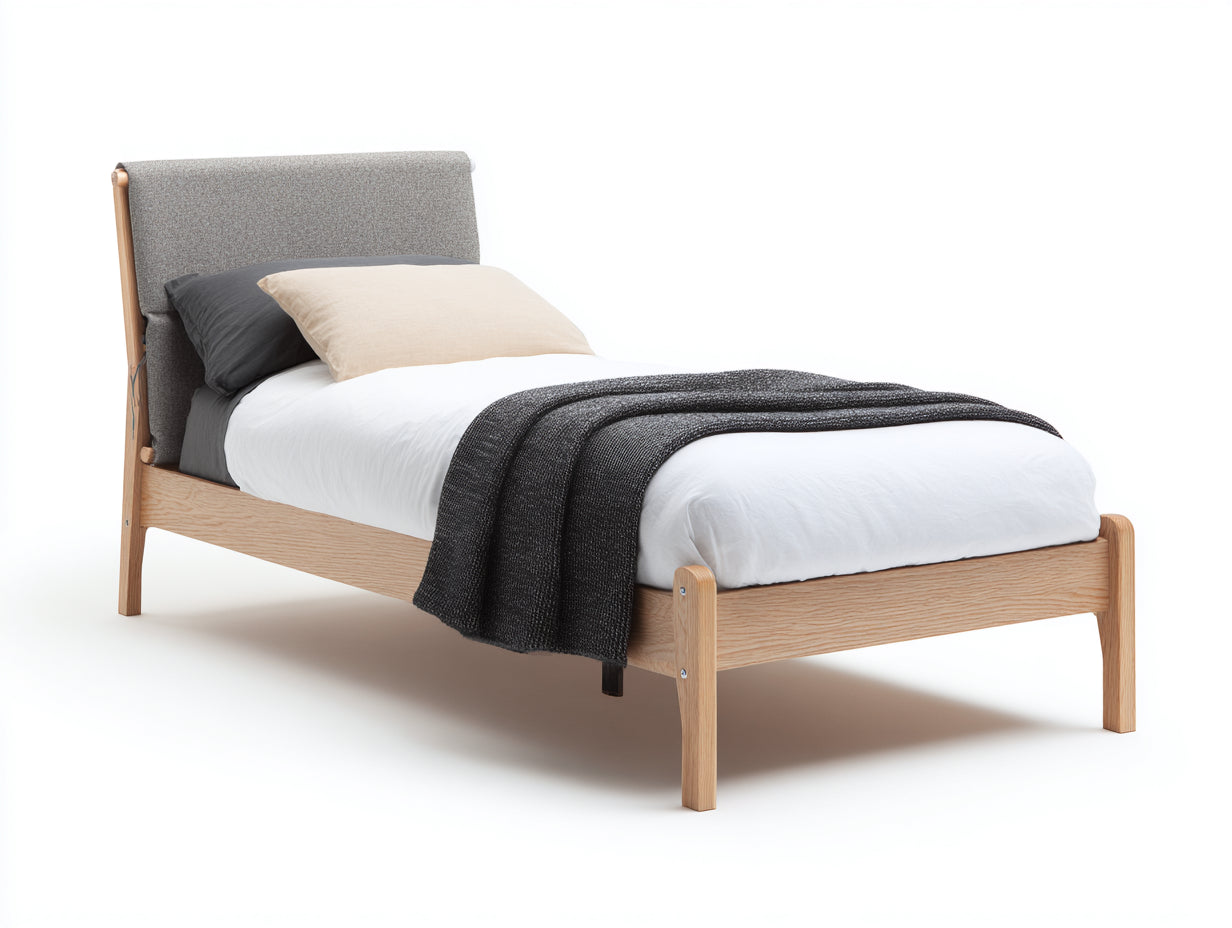Letto singolo - Legno-Tessuto - 207x99x102 cm - Rovere naturale-Grigio medio - Stile nordico