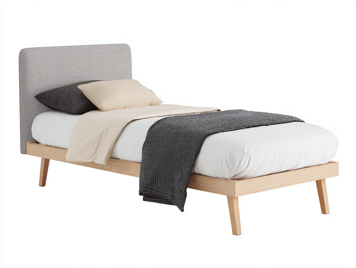 Letto singolo - Legno-Tessuto - 207x100x101 cm - Rovere chiaro-Grigio chiaro - Stile scandinavo