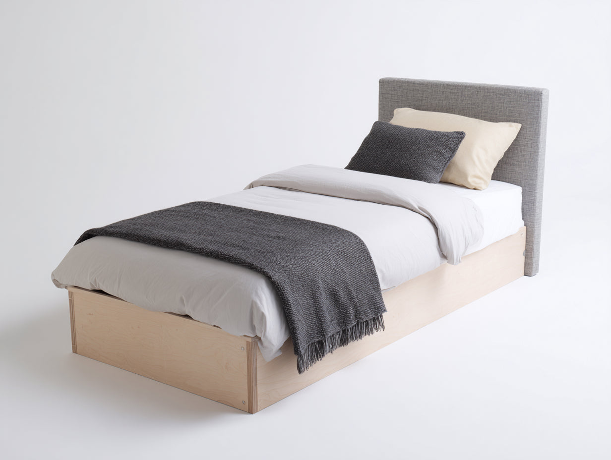 Letto singolo - Legno-Tessuto - 209x101x107 cm - Betulla naturale-Grigio medio - Stile contemporaneo